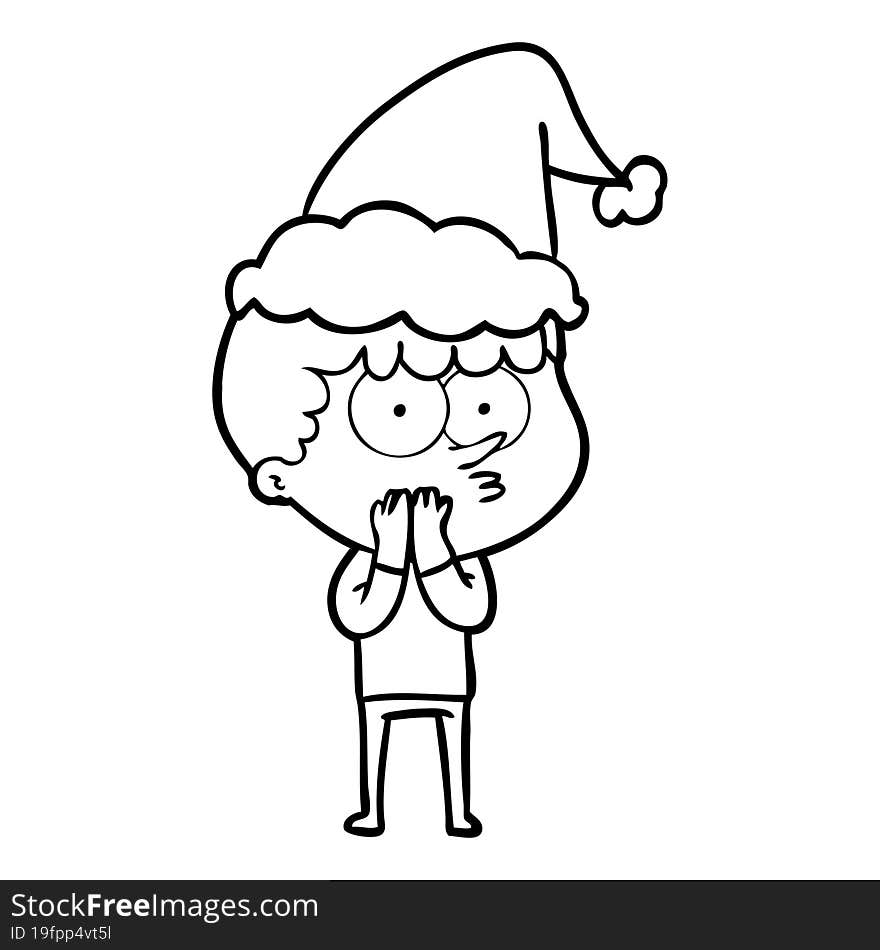 line drawing of a curious boy wearing santa hat