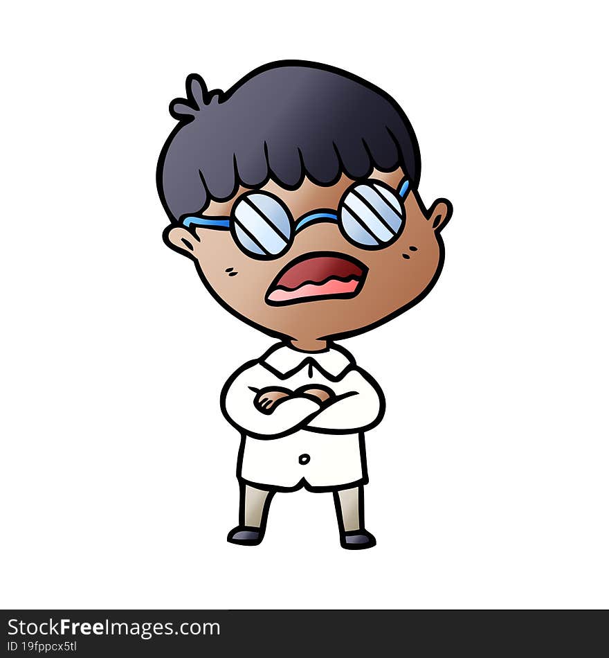 cartoon boy with crossed arms wearing spectacles. cartoon boy with crossed arms wearing spectacles