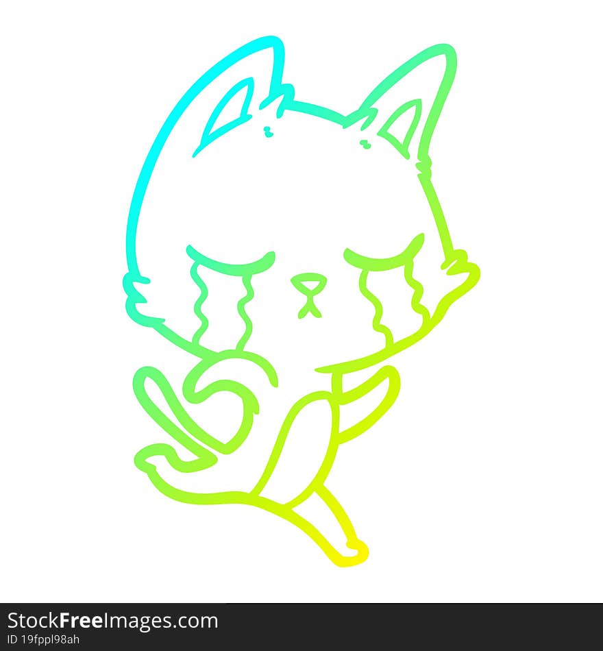 cold gradient line drawing of a crying cartoon cat