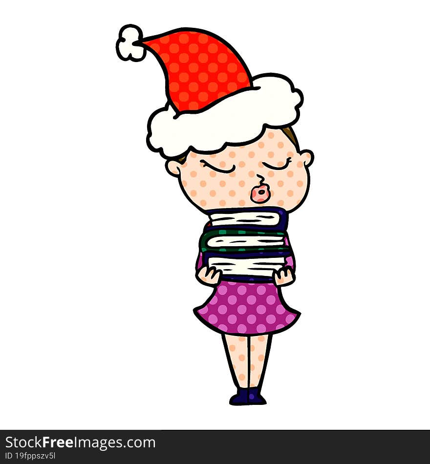 comic book style illustration of a calm woman wearing santa hat