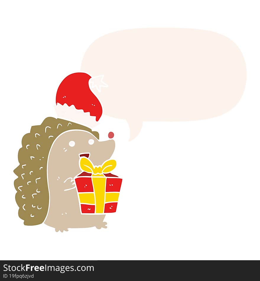 cartoon hedgehog wearing christmas hat and speech bubble in retro style