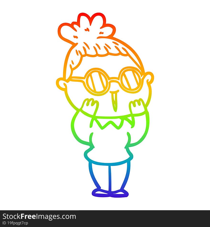 rainbow gradient line drawing of a cartoon woman wearing spectacles