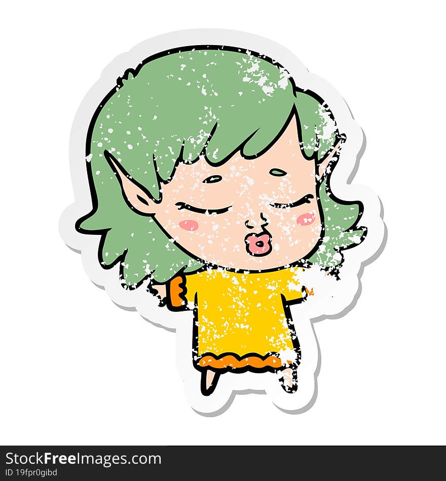 distressed sticker of a pretty cartoon elf girl