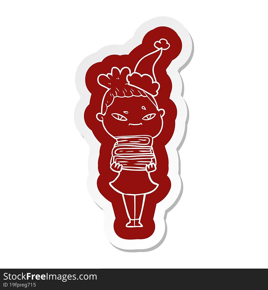 quirky cartoon  sticker of a woman wearing santa hat