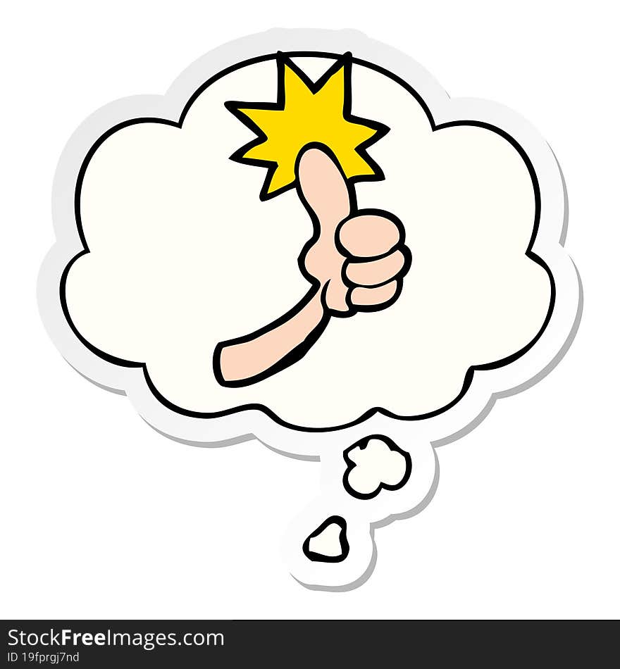 cartoon thumbs up sign and thought bubble as a printed sticker