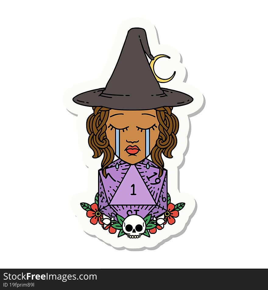 crying human witch with natural one D20 dice roll sticker