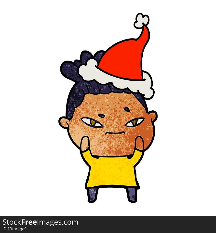 hand drawn textured cartoon of a woman wearing santa hat