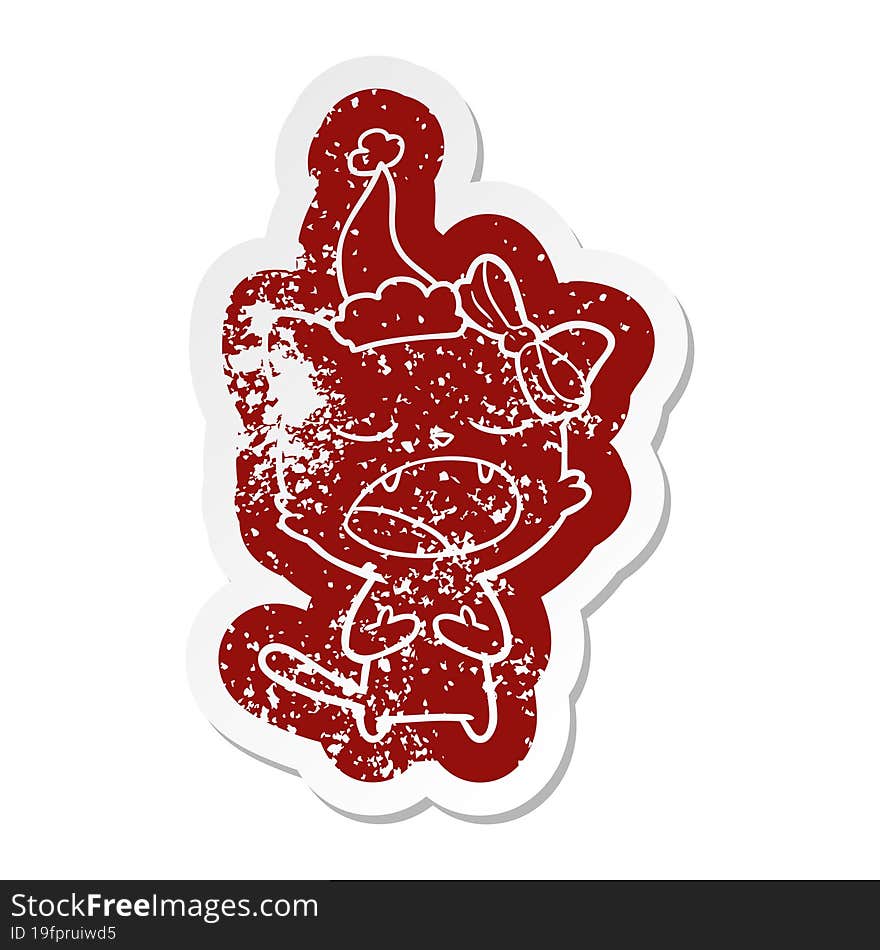 cartoon distressed sticker of a cat meowing wearing santa hat