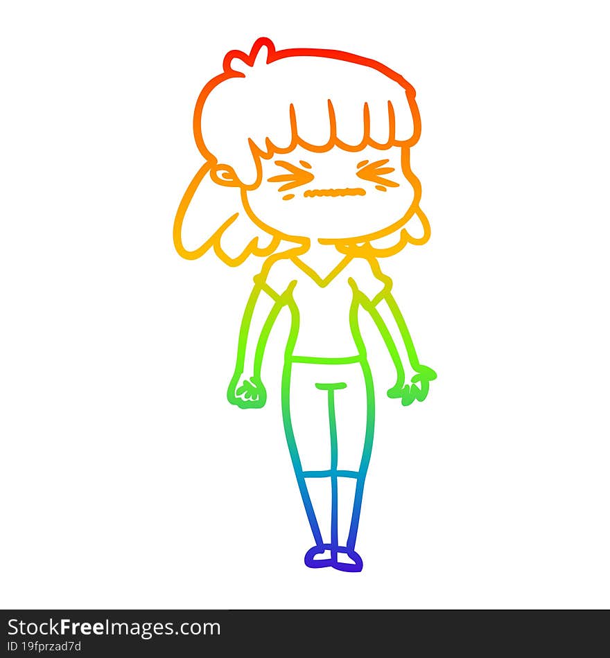 rainbow gradient line drawing of a cartoon angry girl