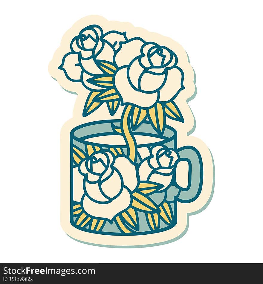 tattoo style sticker of a cup and flowers