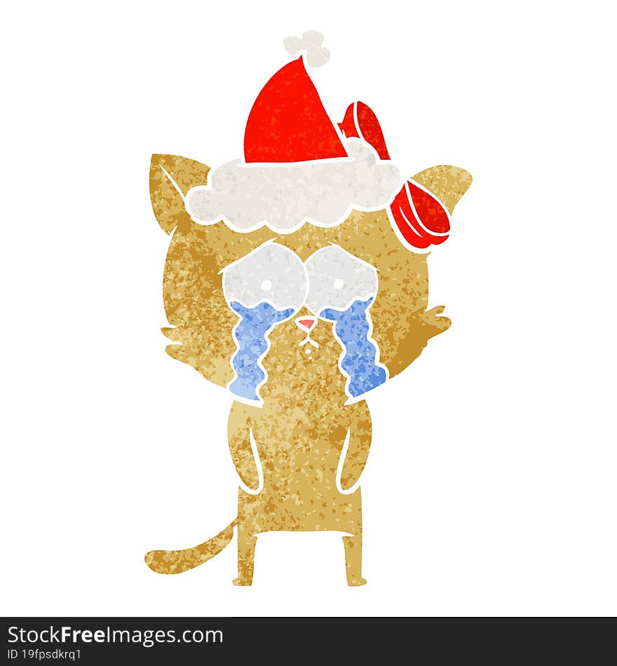 hand drawn retro cartoon of a cat wearing santa hat