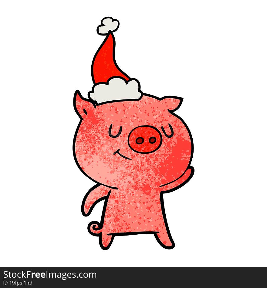 happy textured cartoon of a pig wearing santa hat