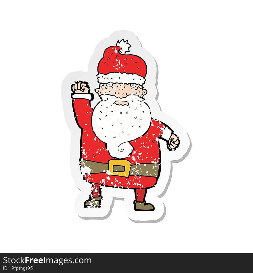 retro distressed sticker of a cartoon angry santa claus