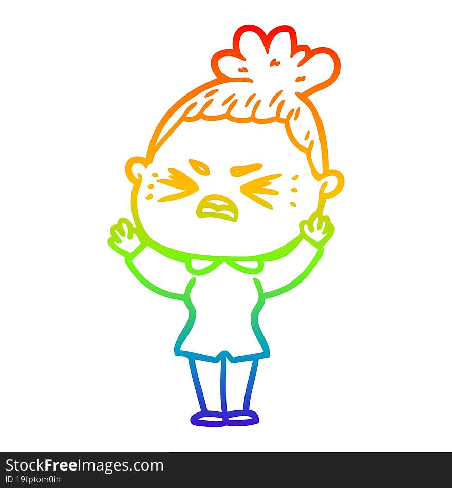 rainbow gradient line drawing of a cartoon angry woman