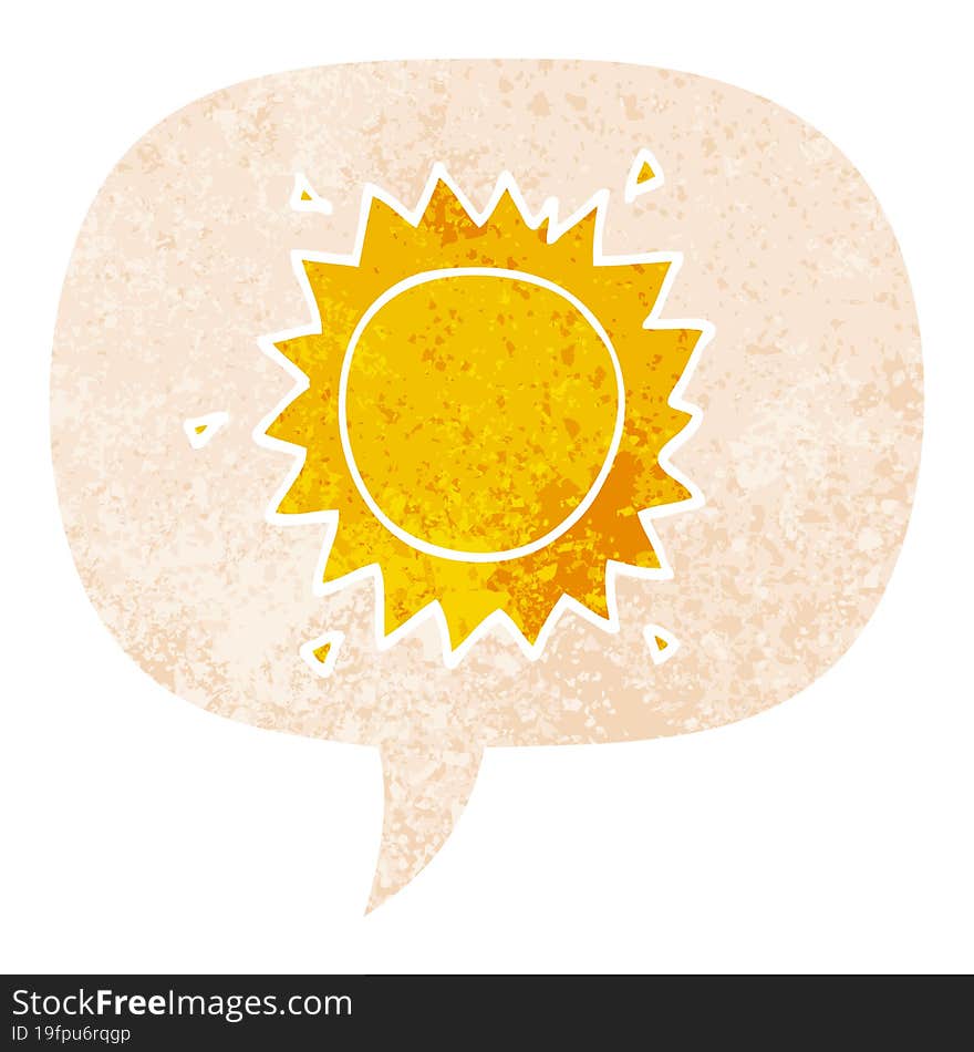 cartoon sun and speech bubble in retro textured style