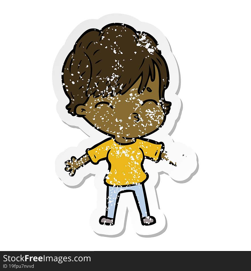 distressed sticker of a cartoon woman thinking