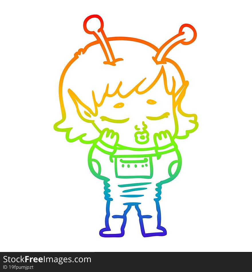 rainbow gradient line drawing of a cartoon alien girl