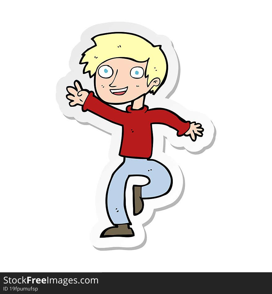 sticker of a cartoon excited boy dancing