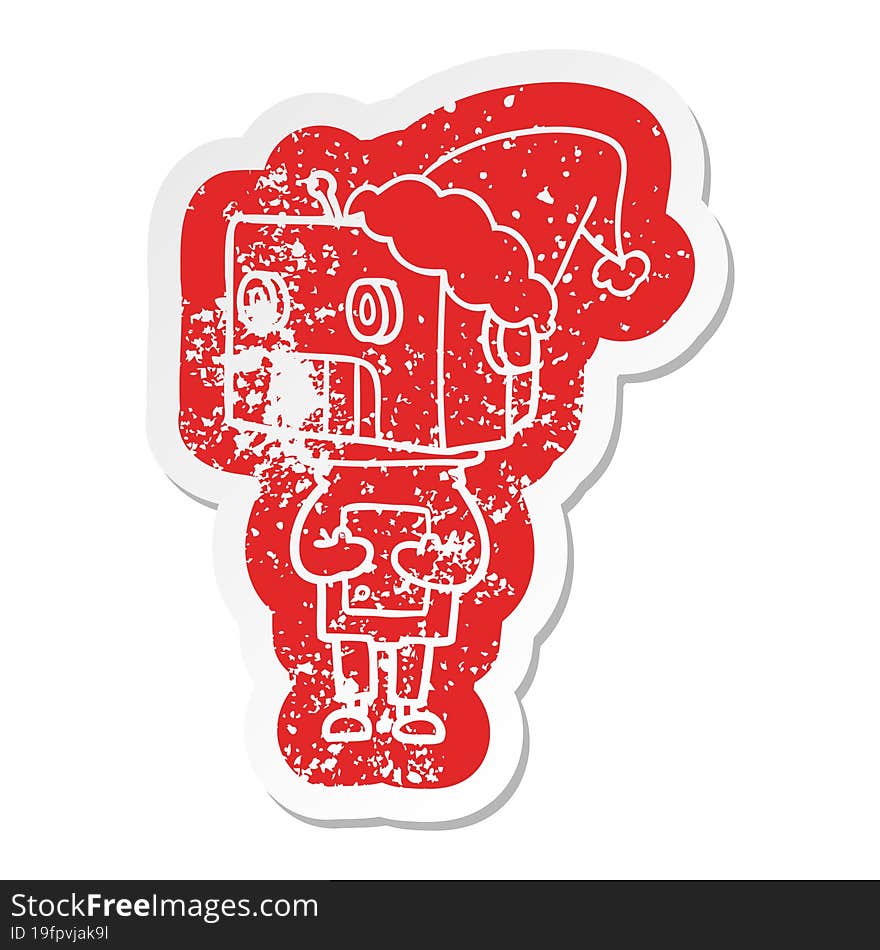 Cartoon Distressed Sticker Of A Robot Wearing Santa Hat