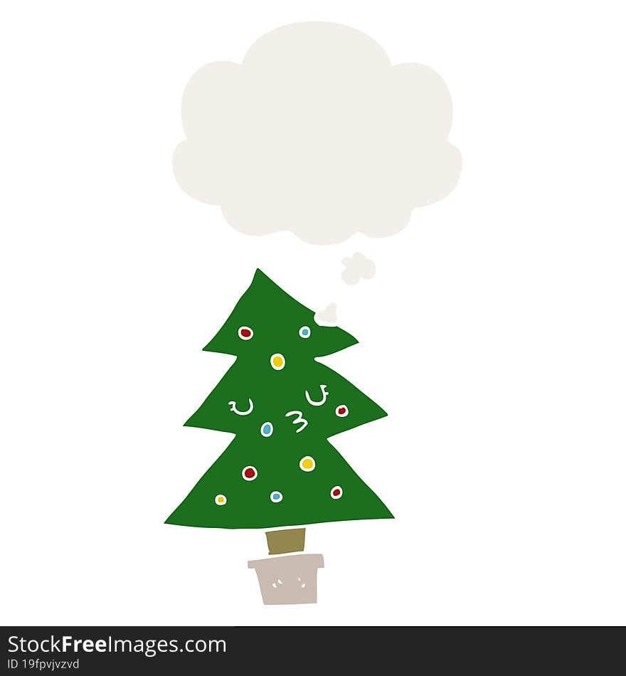 cartoon christmas tree and thought bubble in retro style