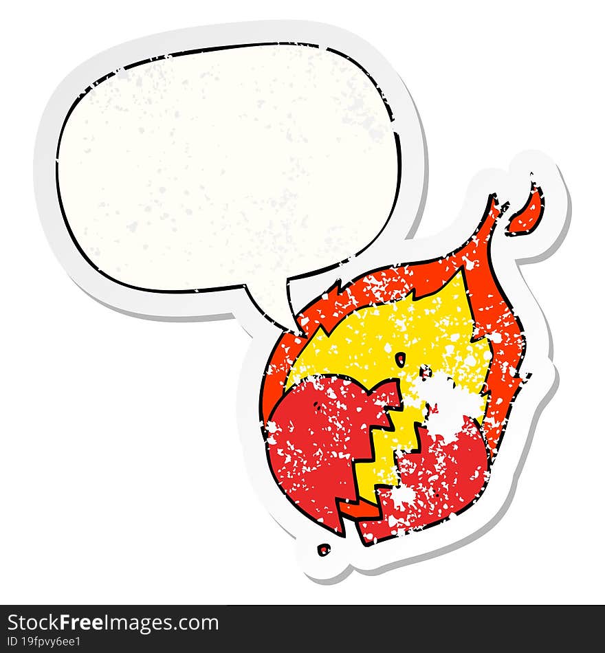 cartoon flaming heart and speech bubble distressed sticker