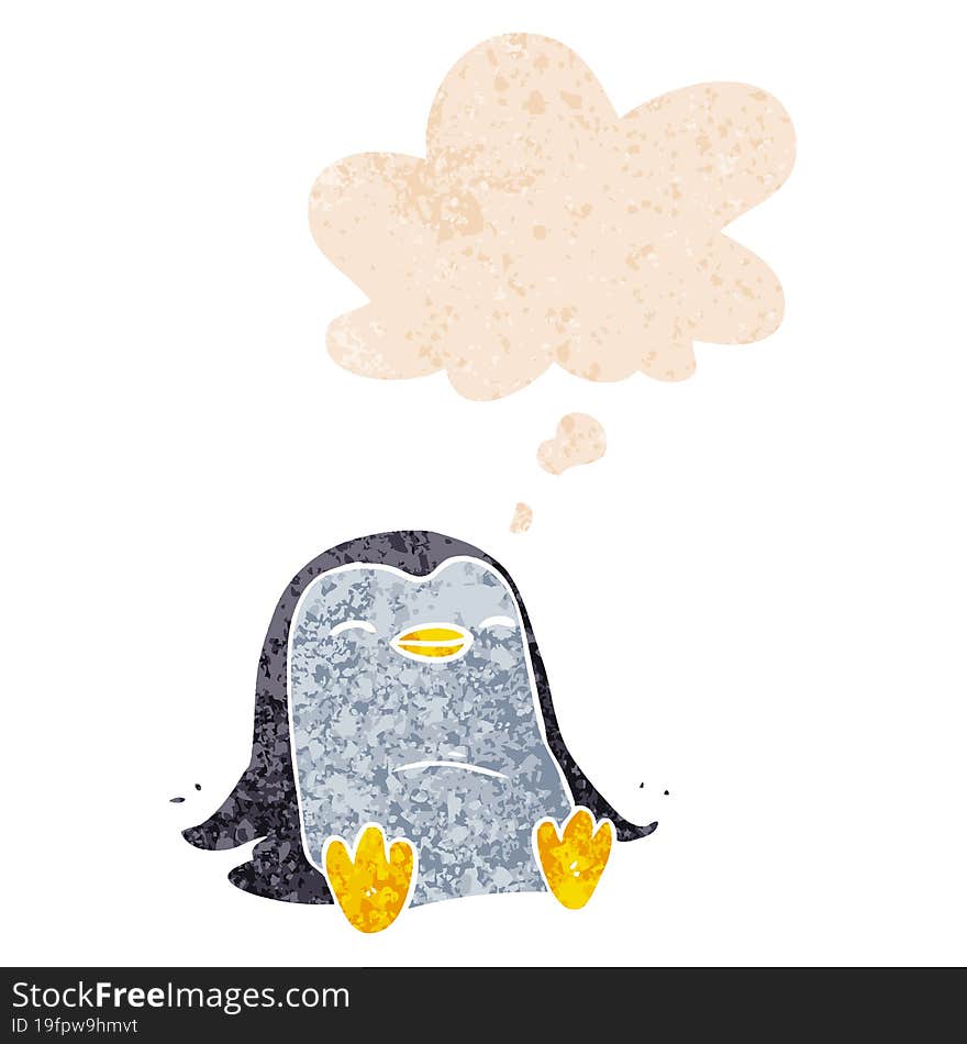 cartoon penguin and thought bubble in retro textured style