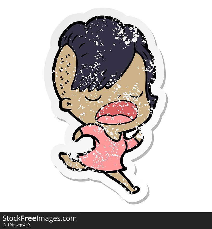 distressed sticker of a cartoon cool hipster girl talking