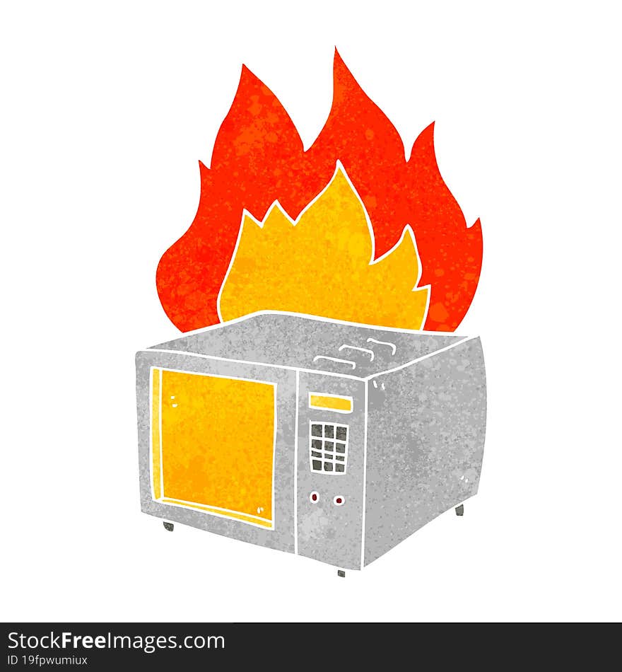 freehand retro cartoon microwave on fire