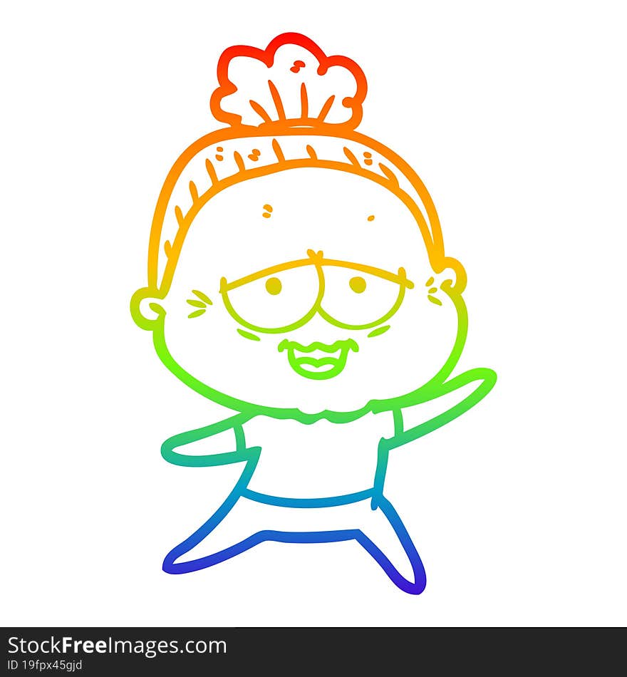 rainbow gradient line drawing of a cartoon happy old lady