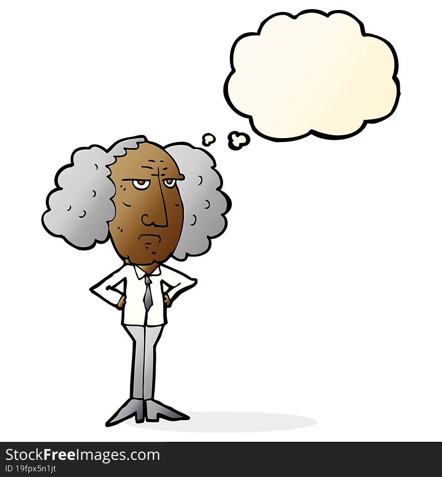 cartoon big hair lecturer man with thought bubble