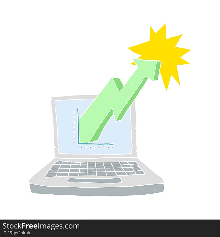 Flat Color Illustration Of A Cartoon Laptop Computer With Business Graph