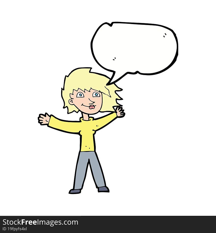 Cartoon Excited Woman Waving With Speech Bubble