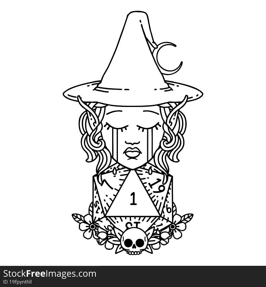 Black and White Tattoo linework Style crying elf witch with natural one D20 roll. Black and White Tattoo linework Style crying elf witch with natural one D20 roll