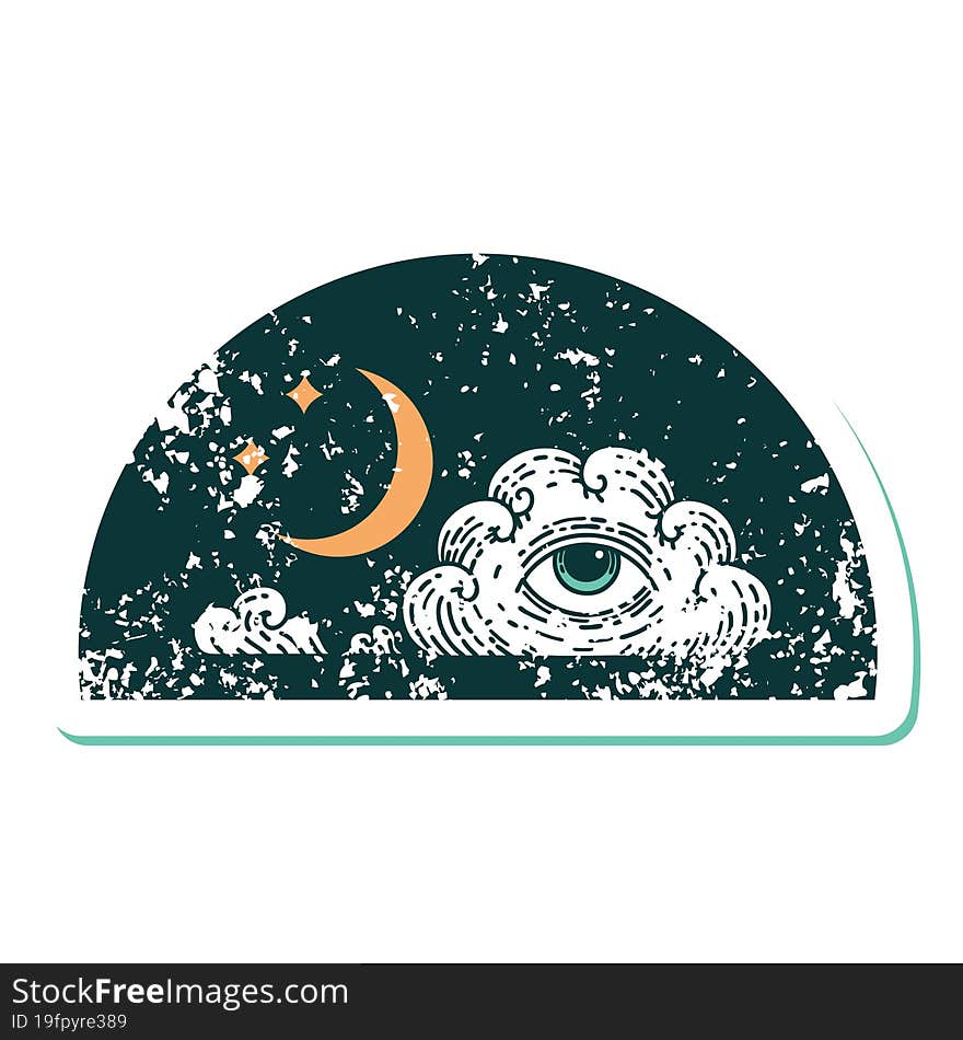 Distressed Sticker Tattoo Style Icon Of A Moon Stars And Cloud