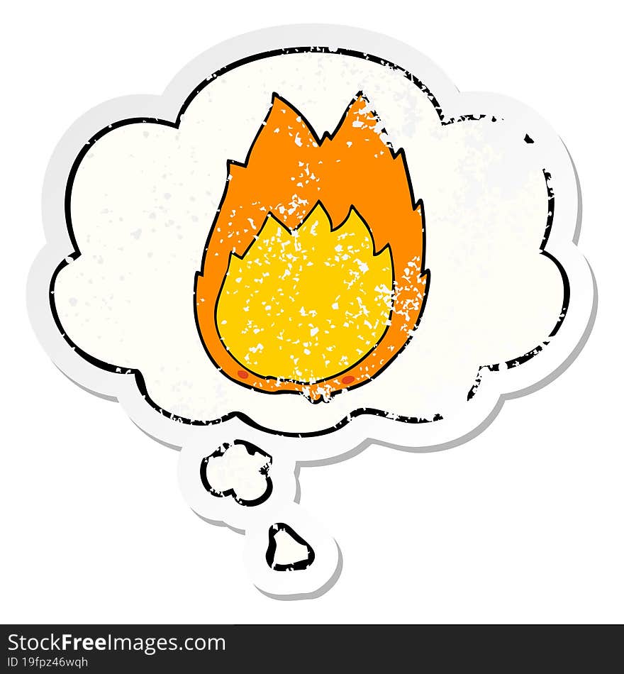 cartoon flames and thought bubble as a distressed worn sticker