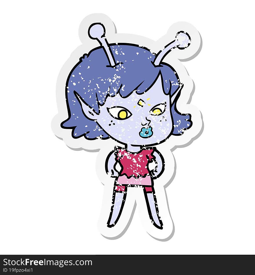 Distressed Sticker Of A Pretty Cartoon Alien Girl