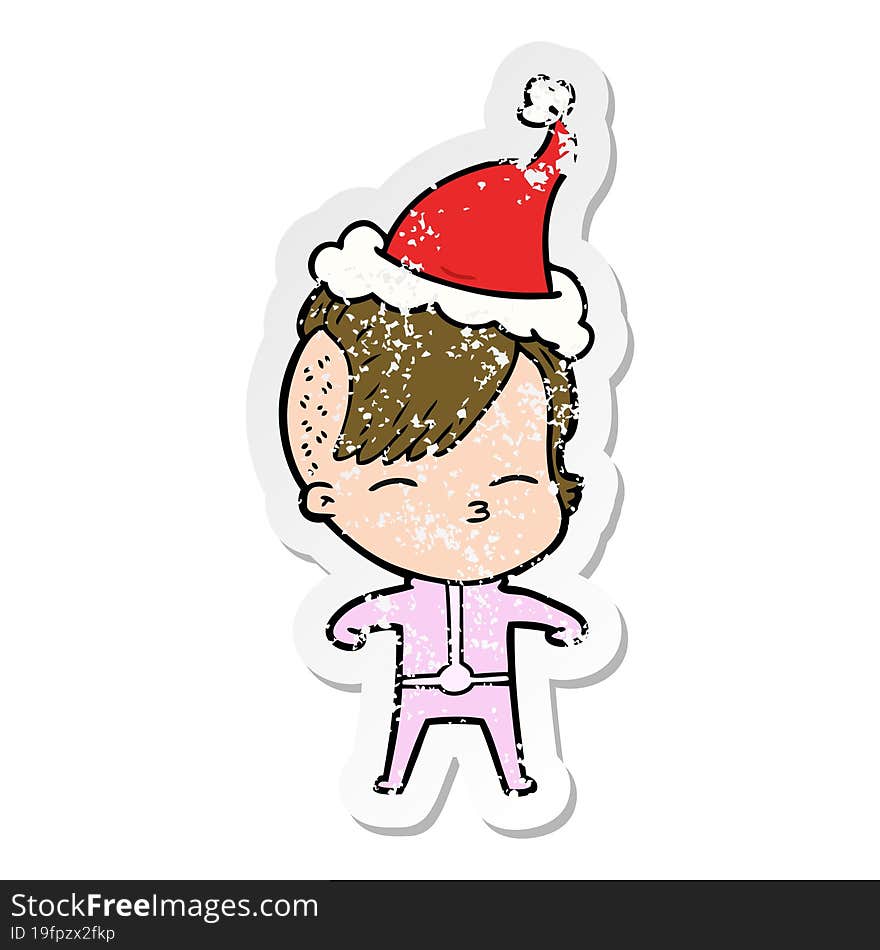 distressed sticker cartoon of a girl wearing futuristic clothes wearing santa hat