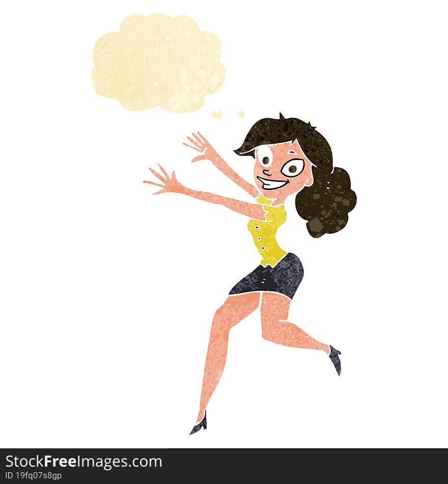 Cartoon Happy Woman Jumping With Thought Bubble