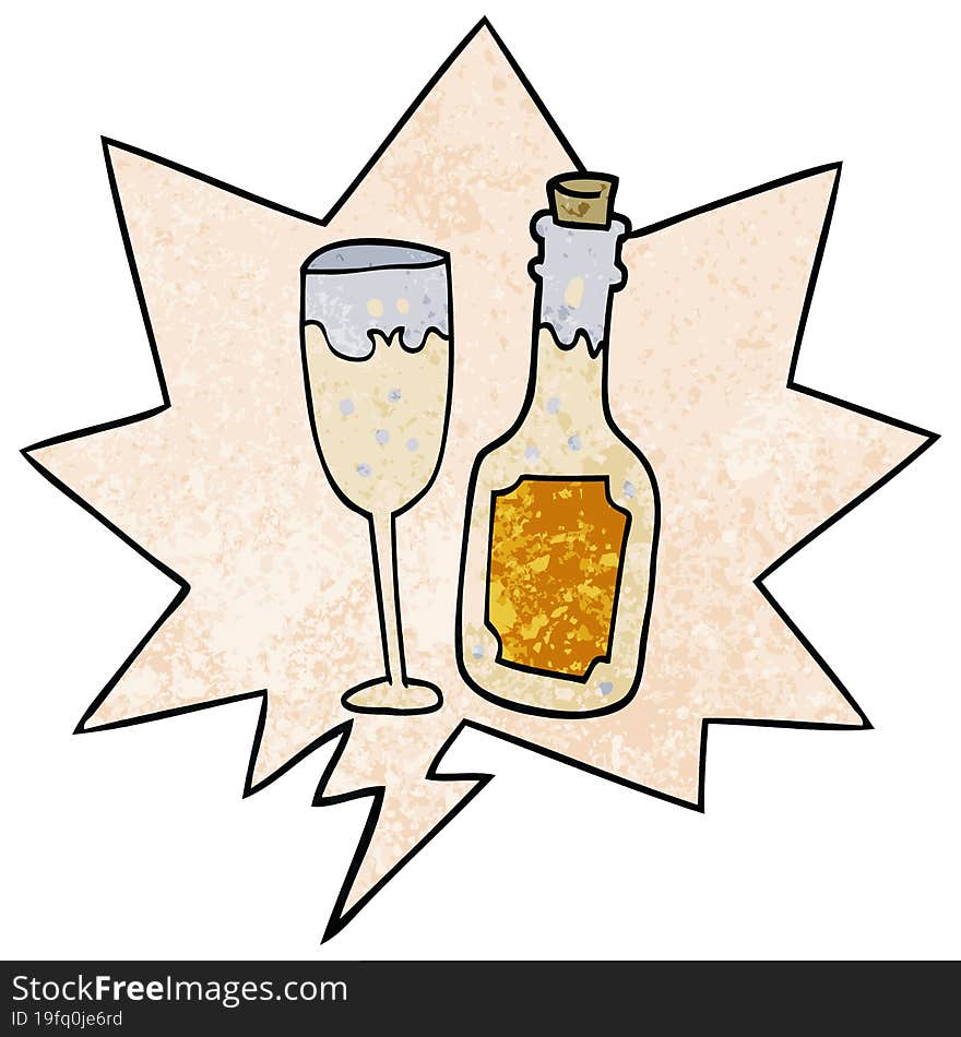 Cartoon Champagne Bottle And Glass And Speech Bubble In Retro Texture Style