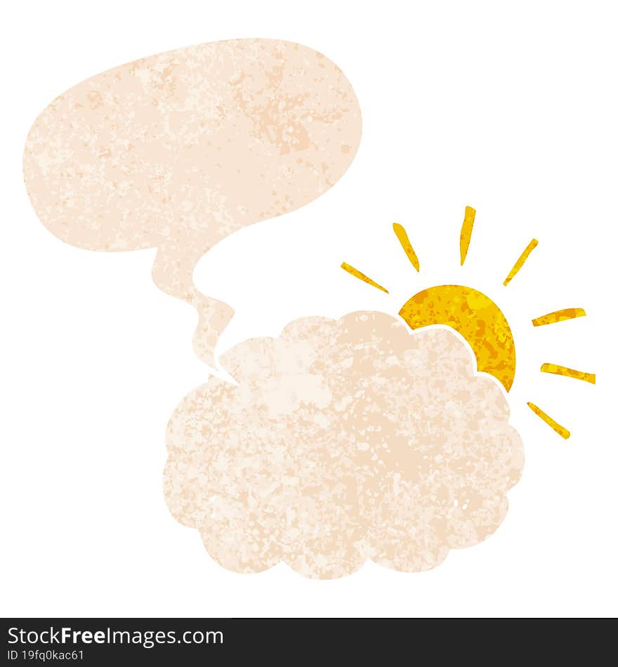 cartoon sun and cloud symbol and speech bubble in retro textured style