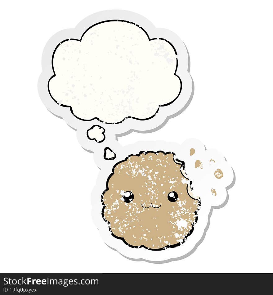 cartoon biscuit and thought bubble as a distressed worn sticker