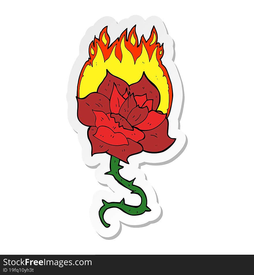 sticker of a cartoon flaming rose tattoo