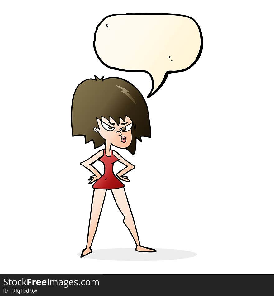 cartoon angry woman in dress with speech bubble