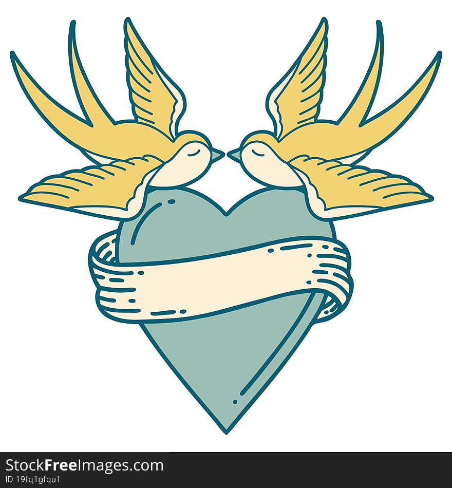 Tattoo Style Icon Of A Swallows And A Heart With Banner