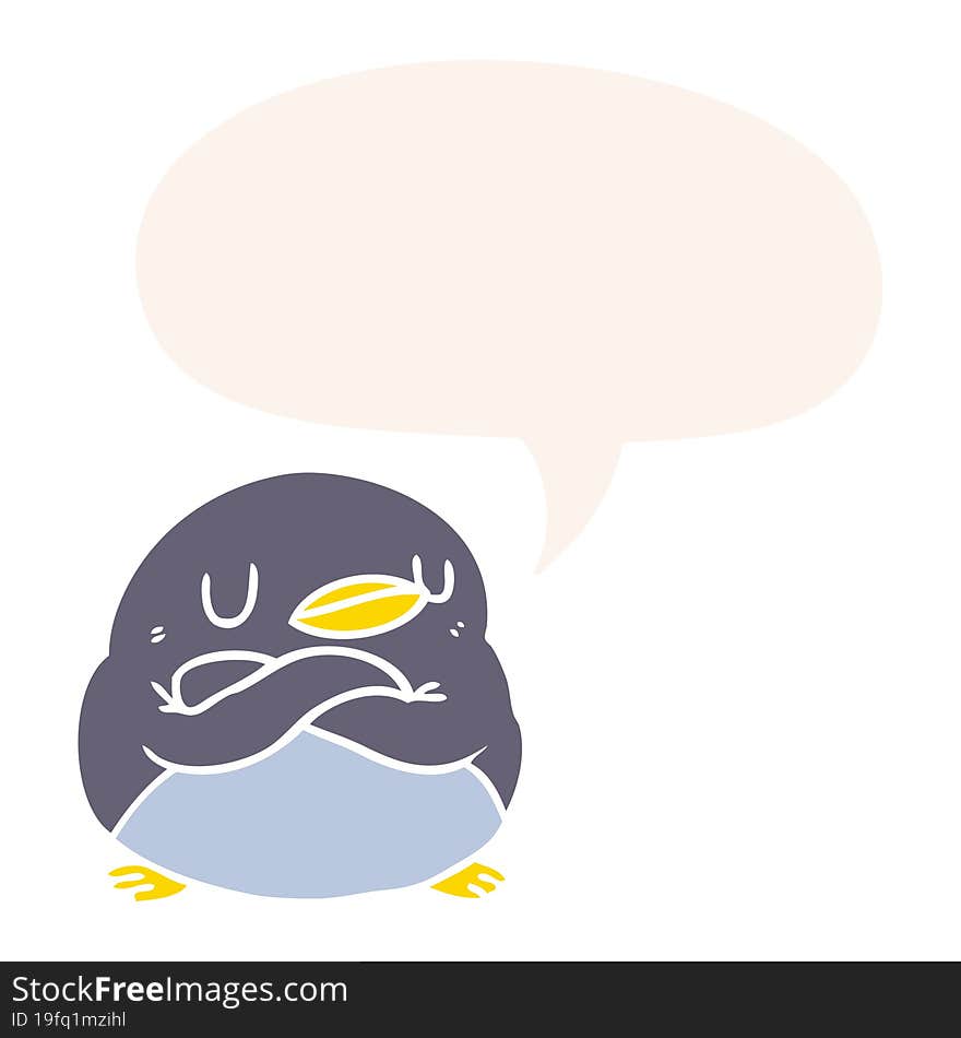 Cartoon Penguin And Crossed Arms And Speech Bubble In Retro Style