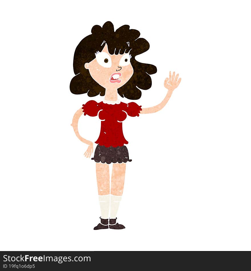 cartoon worried woman waving