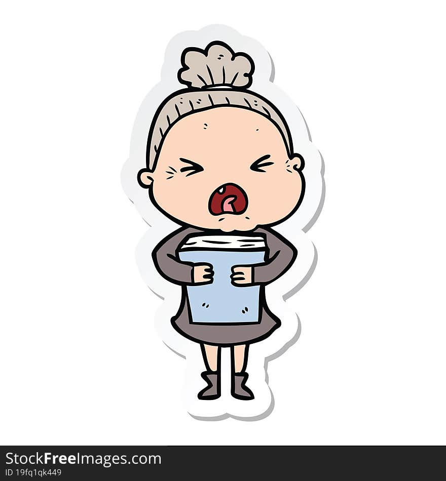 sticker of a cartoon angry old woman