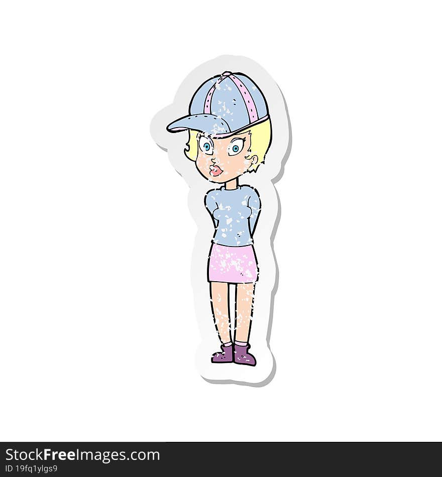 retro distressed sticker of a cartoon woman in hat