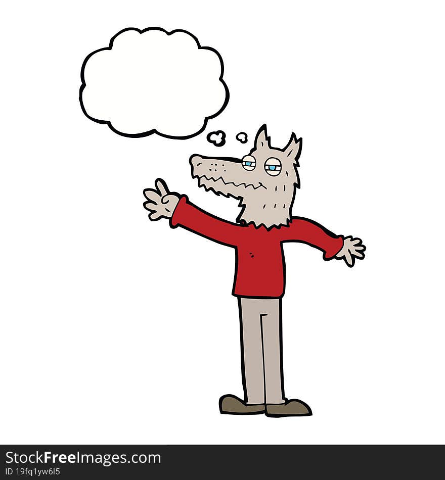 Cartoon Waving Wolf With Thought Bubble