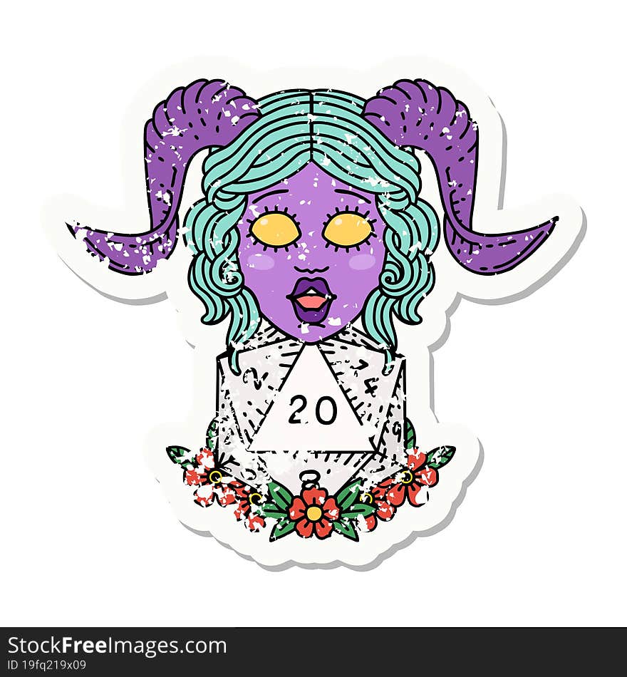 grunge sticker of a tiefling with natural twenty dice roll. grunge sticker of a tiefling with natural twenty dice roll